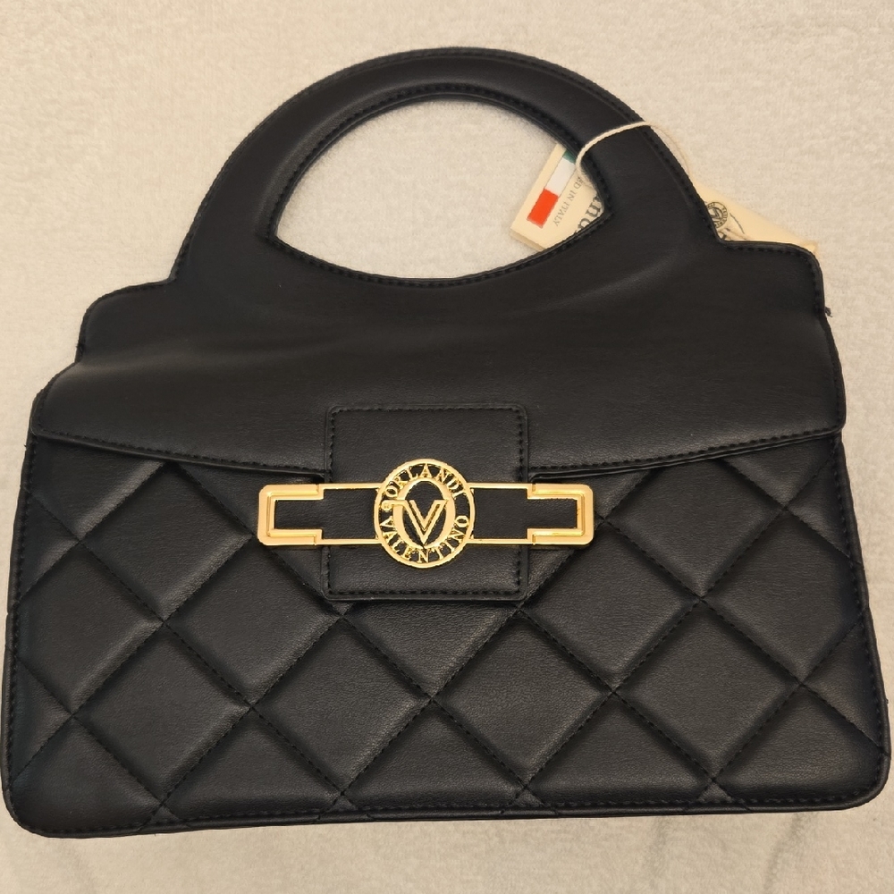 Valentino Orlandi Black Quilted Satchel with Gold Details